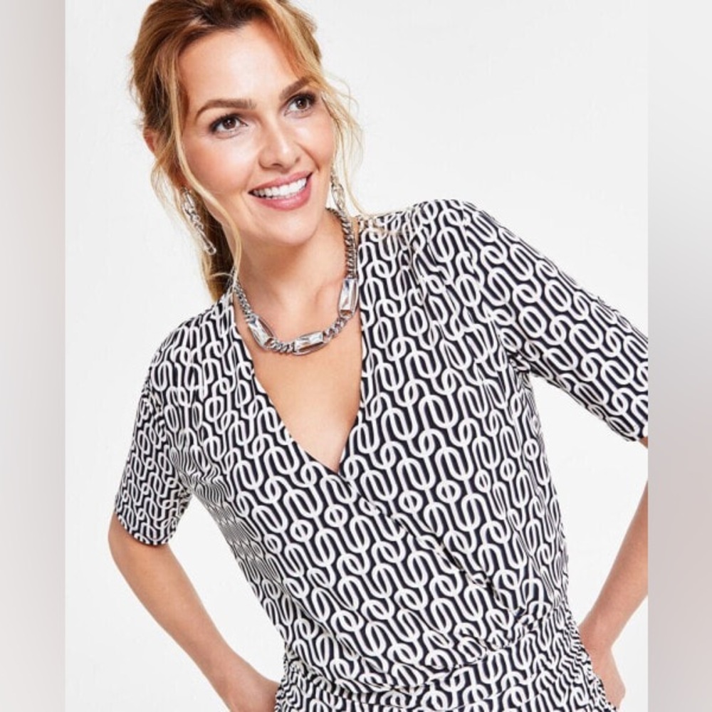 NWT INC International Concepts Women’s Ruched-Waist Elbow-Sleeve Top M - Picture 2 of 4